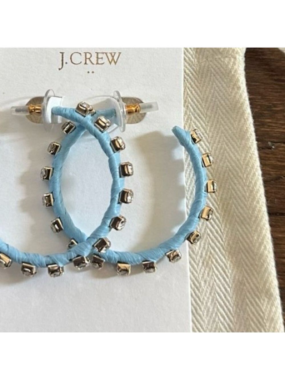 J.Crew-Woven rhinestone wrapped hoop earrings-blue-NWT - Picture 6 of 7